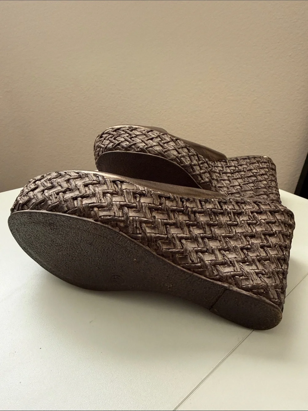 Peep-Toe Slingback Wedges in Metallic Bronze